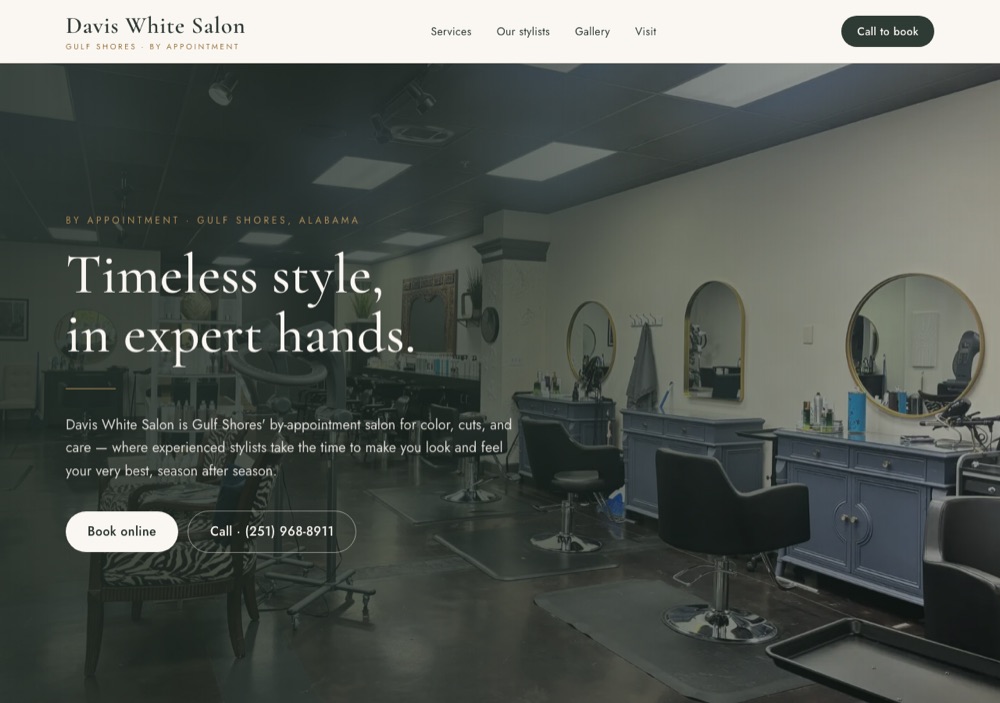 Davis White Salon website homepage