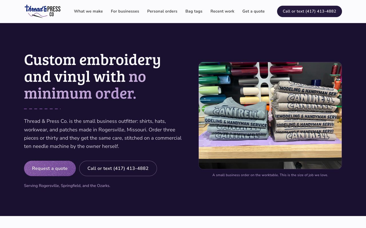 Thread and Press Co. website homepage